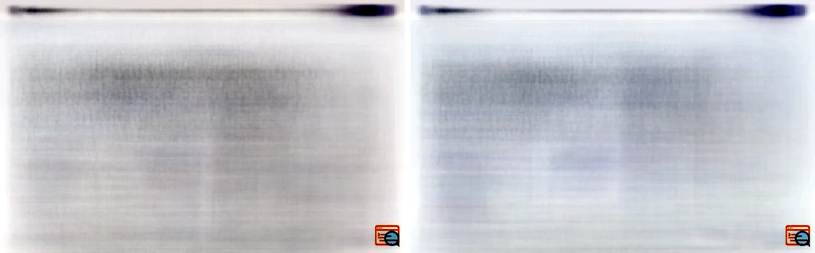 Two light composites side by side, AI on the left and HR on the right. Both show the same layout: a dark nav band across the top with a logo mass at the left and a button mass at the right, and a centred grey block of headline text below. They are close to indistinguishable.