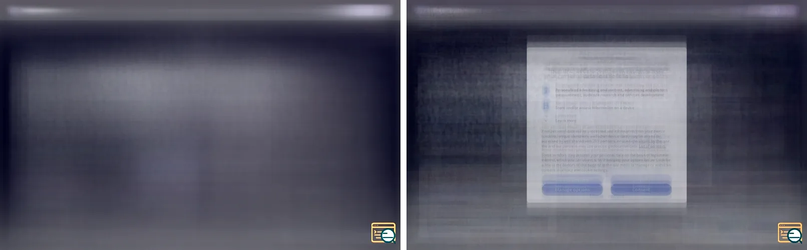 Two dark composites side by side. Left, the 11,992 dark launch pages with no consent tool detected: a plain dark page with a faint nav band and hero, no popup. Right, the 1,098 dark pages with a consent tool: the same dark page behind a sharp, legible Google consent dialog, with the headings Personalised advertising and content, Store and/or access information on a device, and two buttons reading Manage options and Consent.