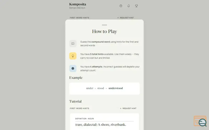 Screenshot of Komposita — Daily Compound Word Puzzle