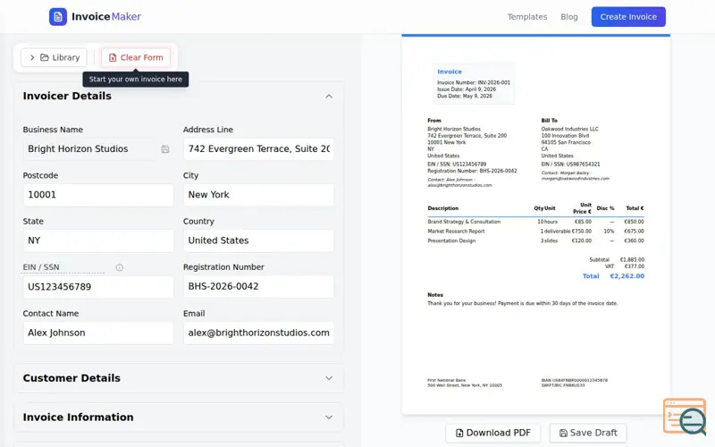 Screenshot of Blank Invoice Maker