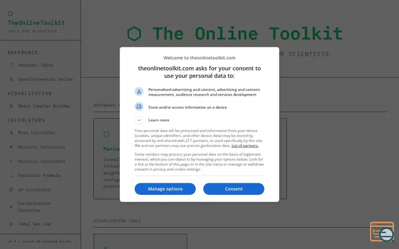 Screenshot of The Online Toolkit - Tools for Science