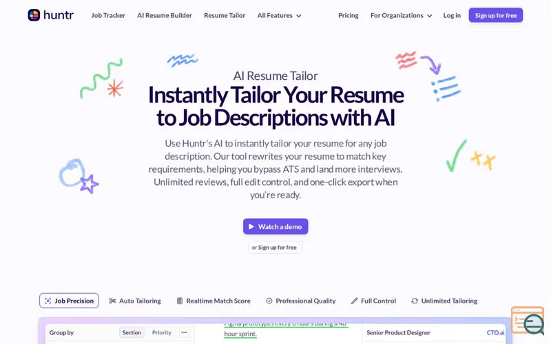 Screenshot of Huntr AI Resume Tailor