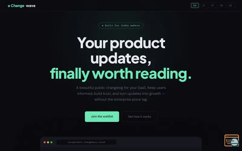 Screenshot of Changewave — Changelog for Indie Makers