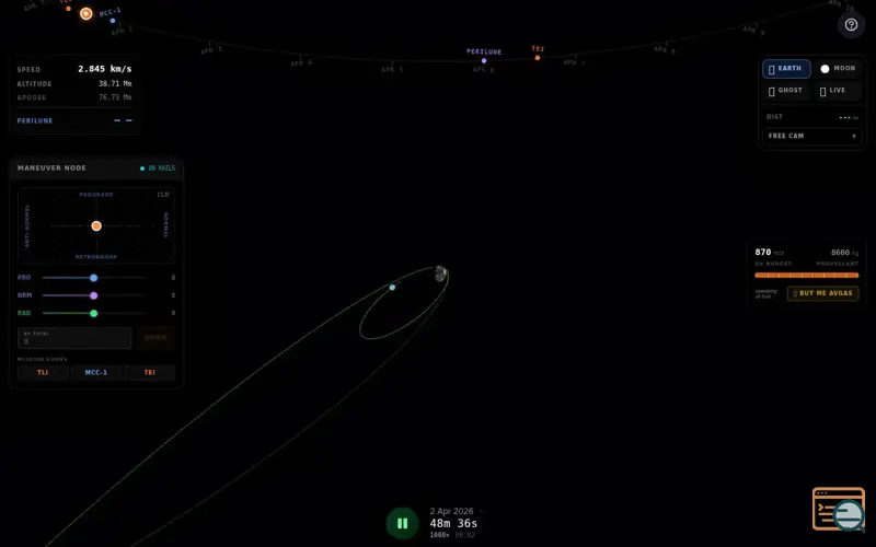 Screenshot of Flyable Artemis simulator (Svelte and rk4)