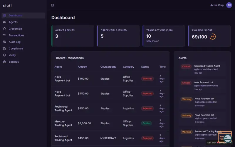 Screenshot of Sigil — Know Your Agent