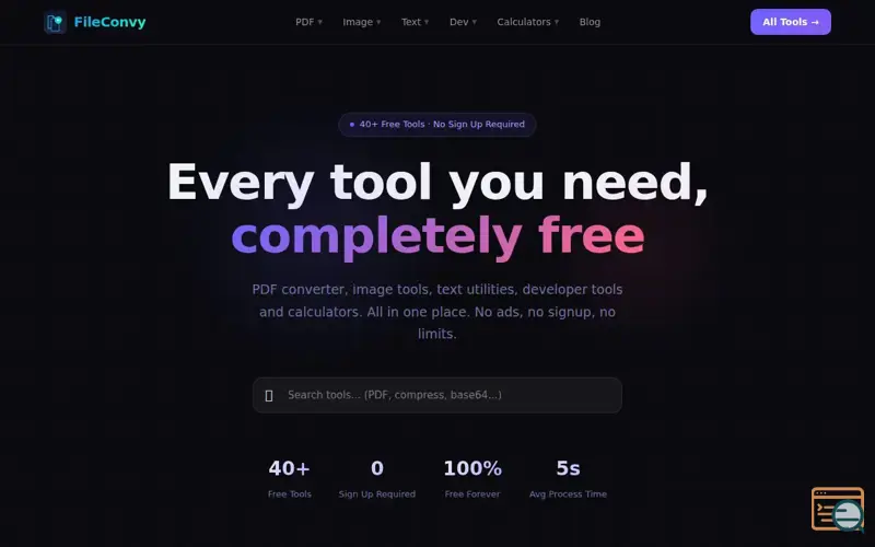 Screenshot of FileConvy — 40+ free tools, no signup