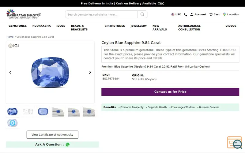 Screenshot of Ceylon Blue Sapphire 9.84 Carat