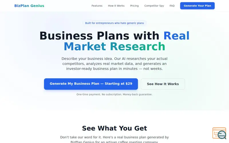 Screenshot of BizPlan Genius
