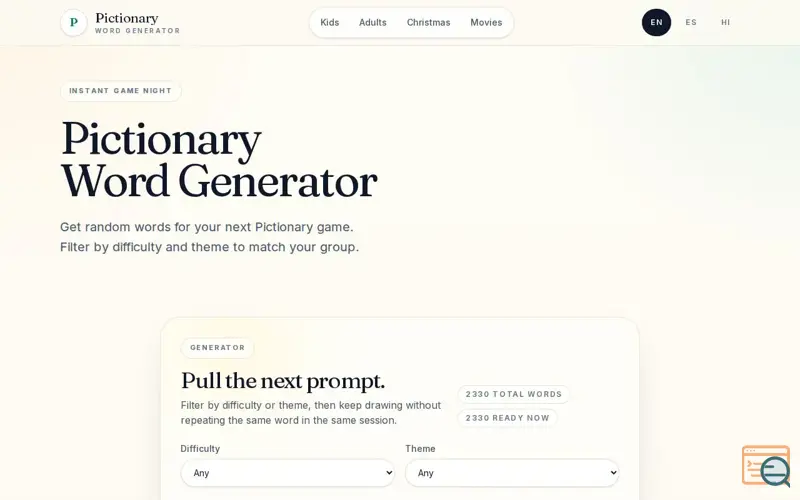 Screenshot of Pictionary Words Generator