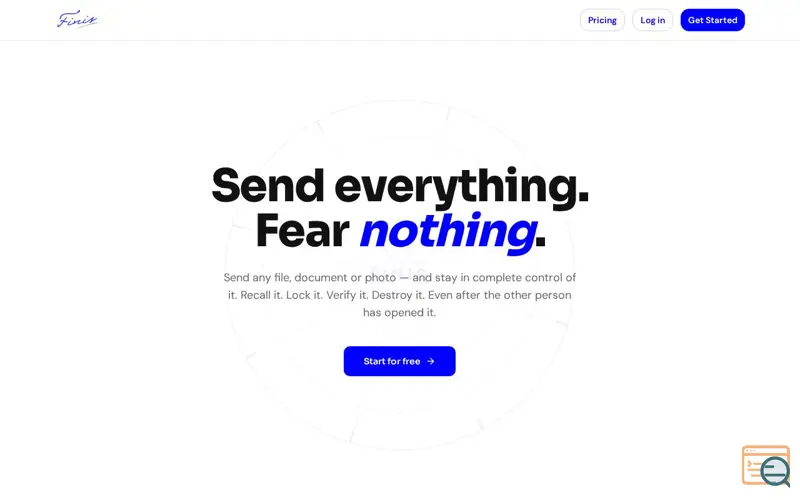Screenshot of FINIS — Send everything. Fear nothing.