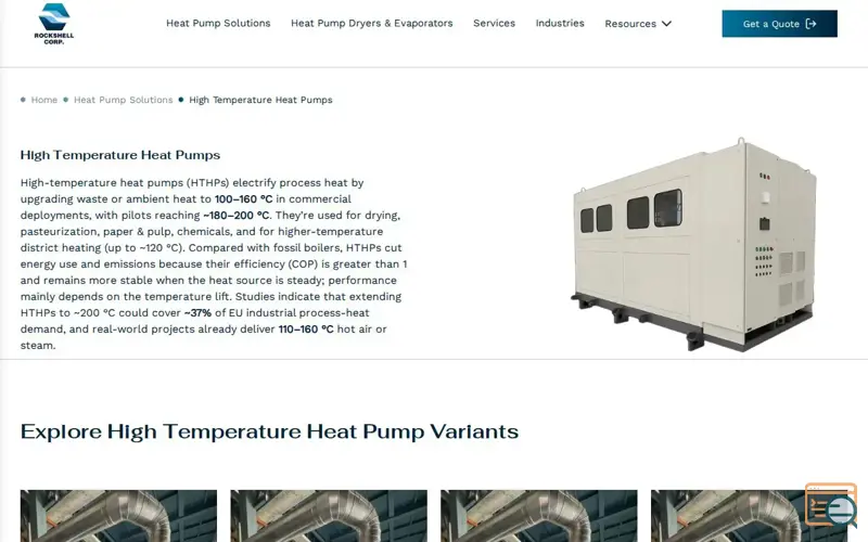 Screenshot of High Temperature Heat Pumps | Rockshell