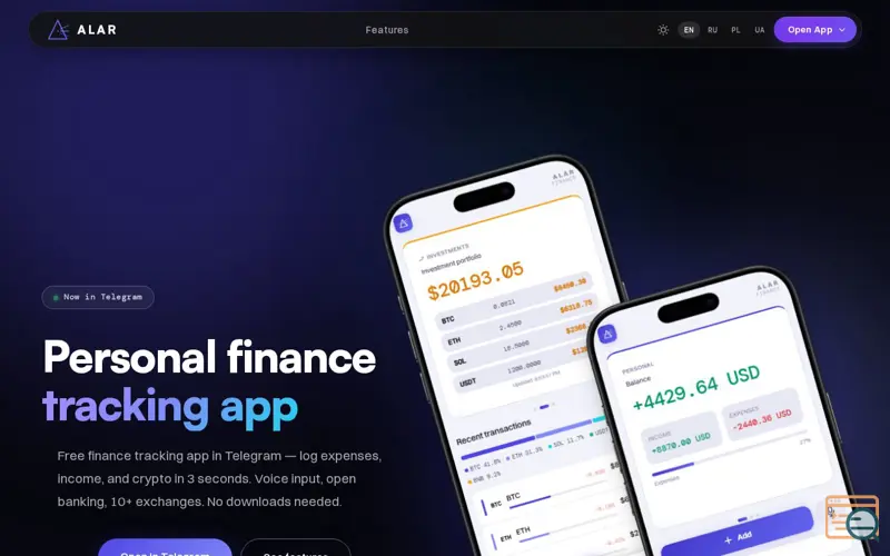 Screenshot of Alar Finance Expense Tracker in Telegram