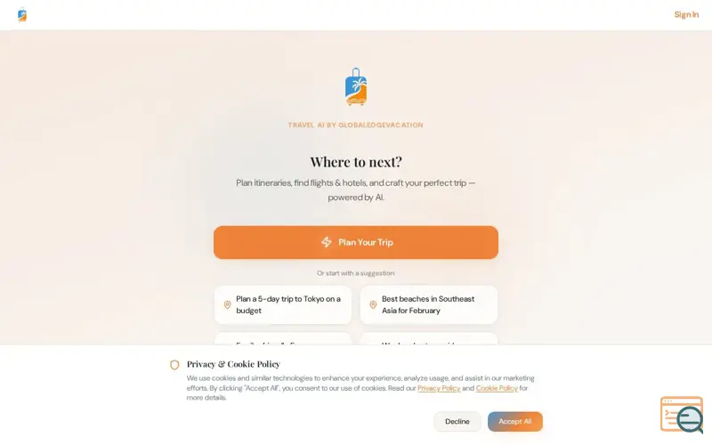 Screenshot of Gledva - AI Travel