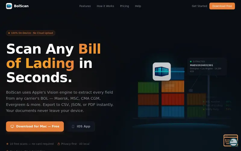 Screenshot of BolScan Bill of Lading Scanner