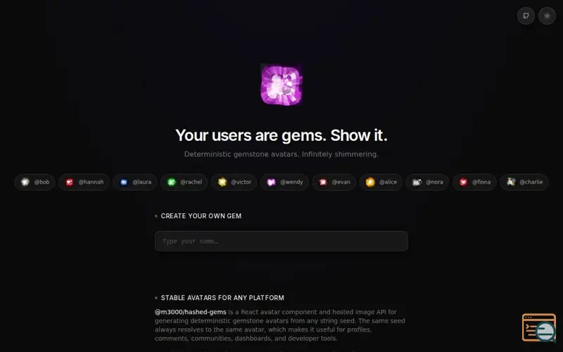 Screenshot of Hashed Gems—Deterministic avatars