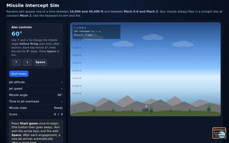 Screenshot of Missile Intercept SIM in Pure HTML/Canvas/JS