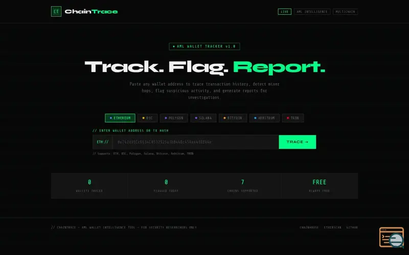 Screenshot of ChainTrace — AML Wallet Intelligence