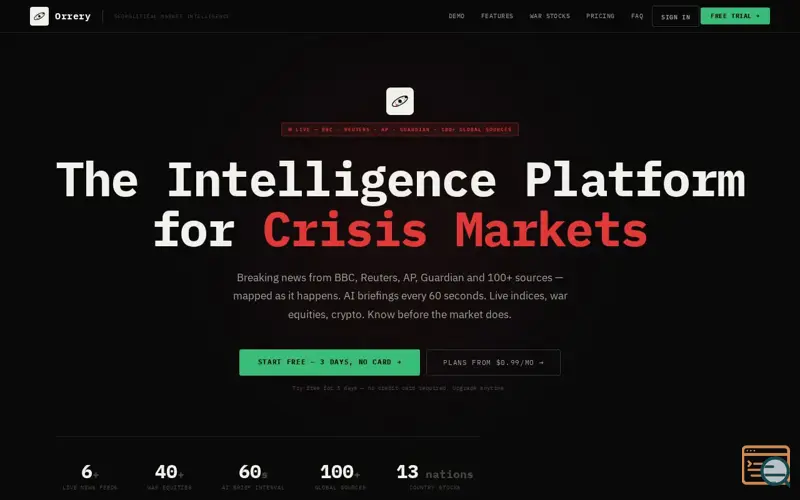 Screenshot of Orrery-Geopolitical Market Intelligence