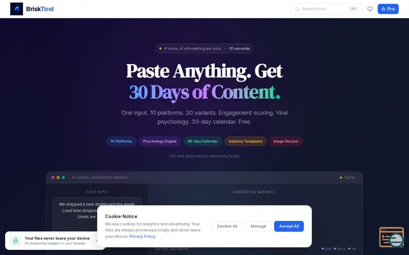 Screenshot of BriskTool Content Machine