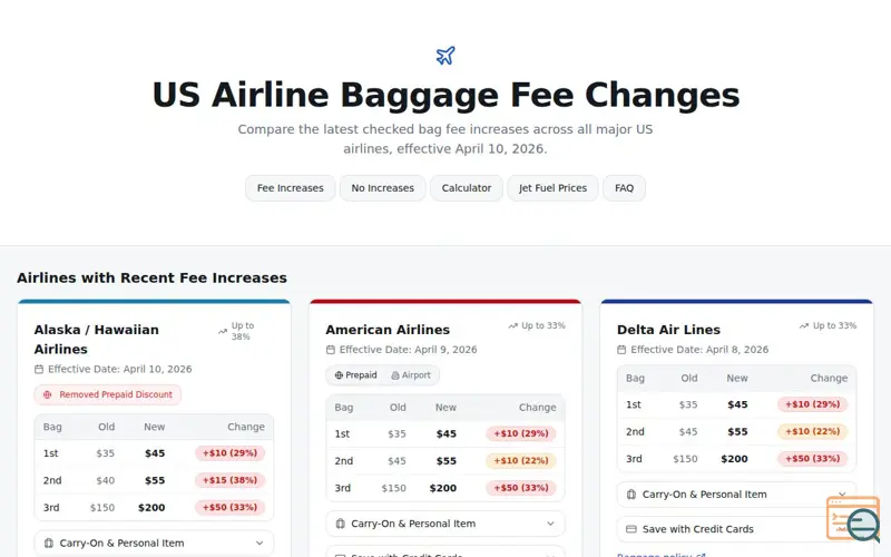 Screenshot of AirlineBagFees.com