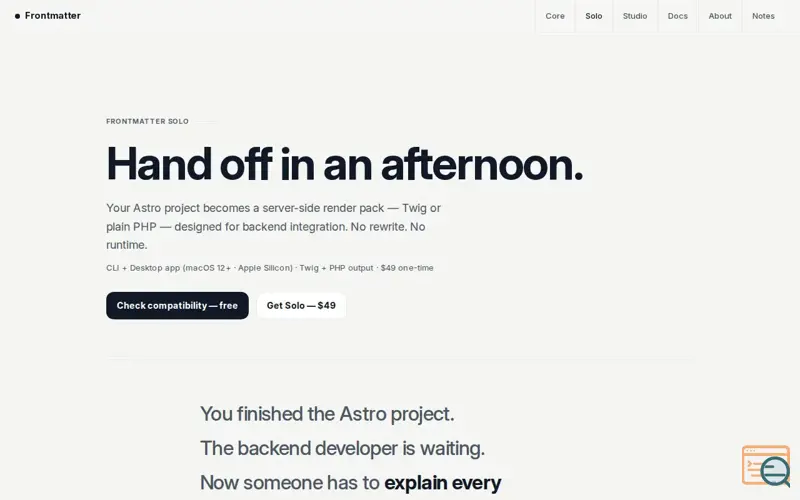 Screenshot of Frontmatter Solo — Astro to Twig & PHP