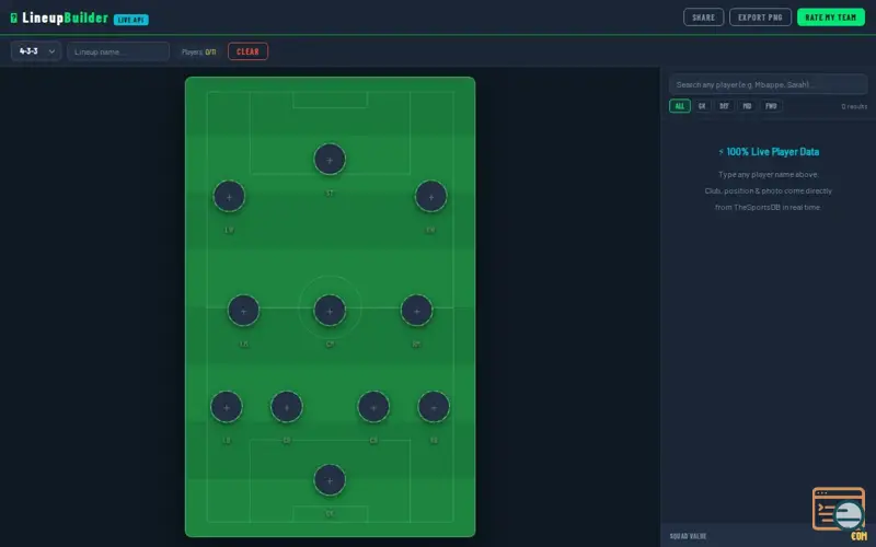 Screenshot of Lineup Builder with Rate My Team feature