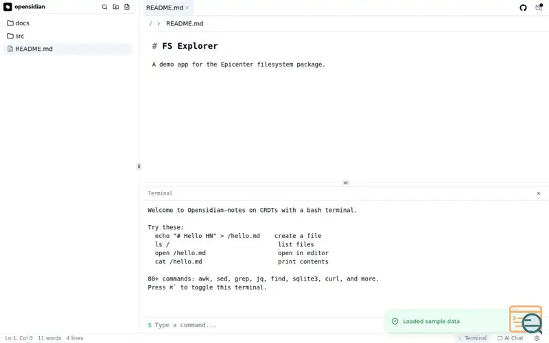 Screenshot of Opensidian: Local-first notes in the browser with POSIX shell and sync