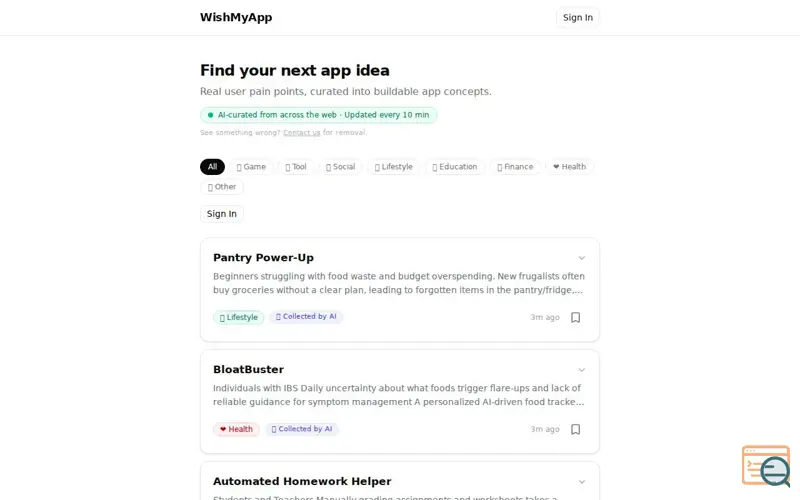 Screenshot of WishMyApp.com — Find your next app idea