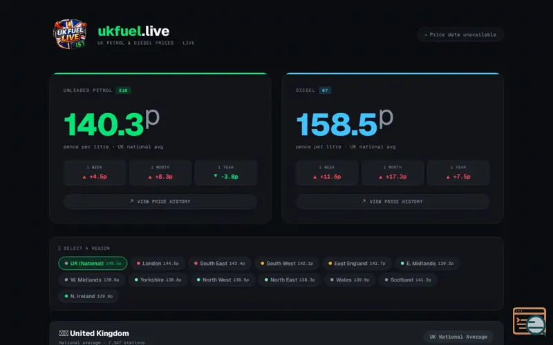 Screenshot of UK Fuel Live