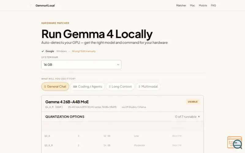 Screenshot of Gemma 4 Local Hardware Matcher