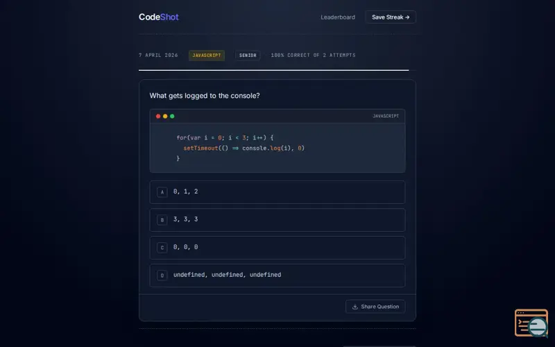 Screenshot of CodeShot: Wordle, but for daily coding.