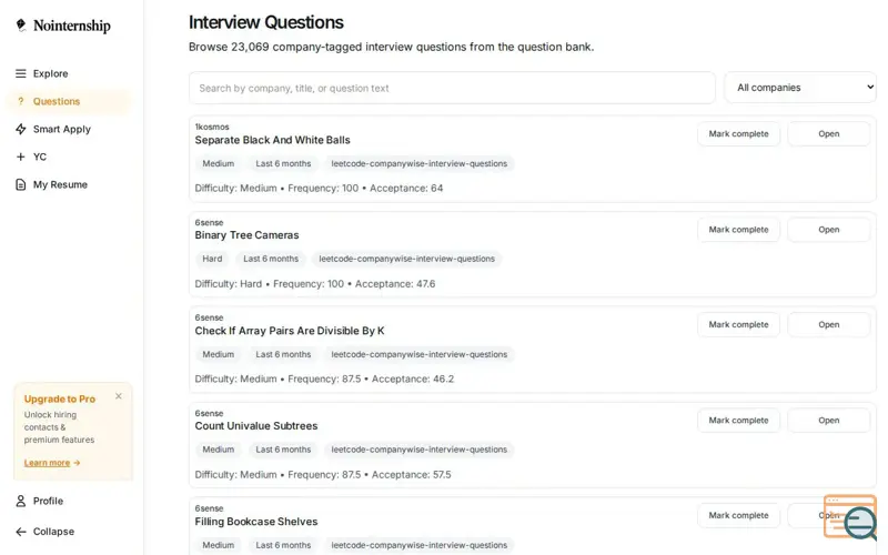 Screenshot of I scraped thousands of recent interview questions for SWE internships