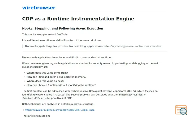Screenshot of JavaScript runtime instrumentation via Chrome DevTools Protocol