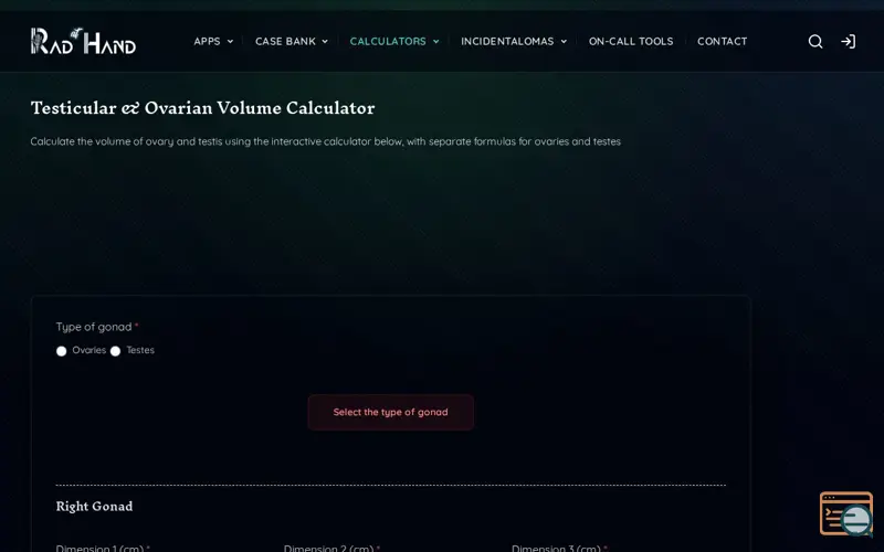 Screenshot of Ovarian & Testicular Volume Calculator