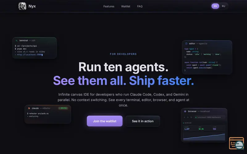 Screenshot of Nyx — Run ten agents. See them all.