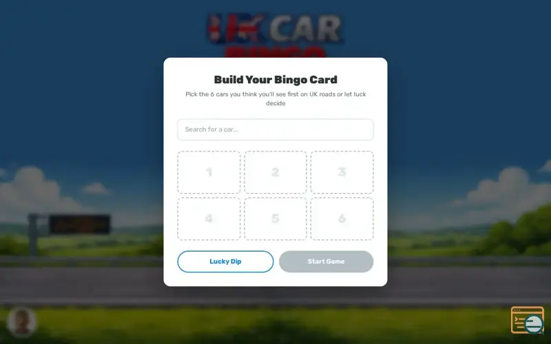 Screenshot of UK Car Bingo