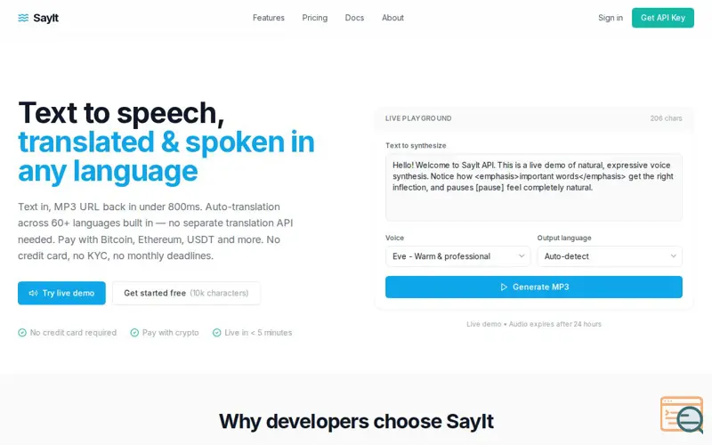 Screenshot of SayIt API