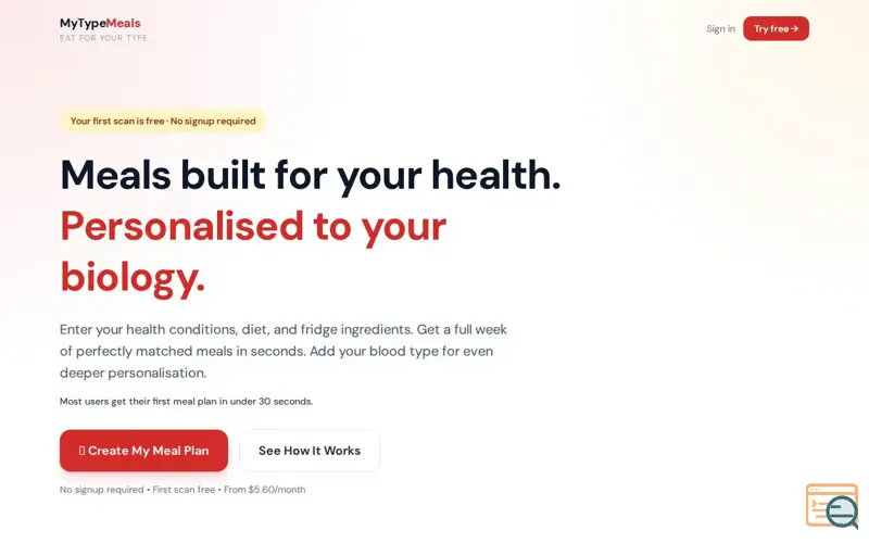 Screenshot of MyTypeMeals