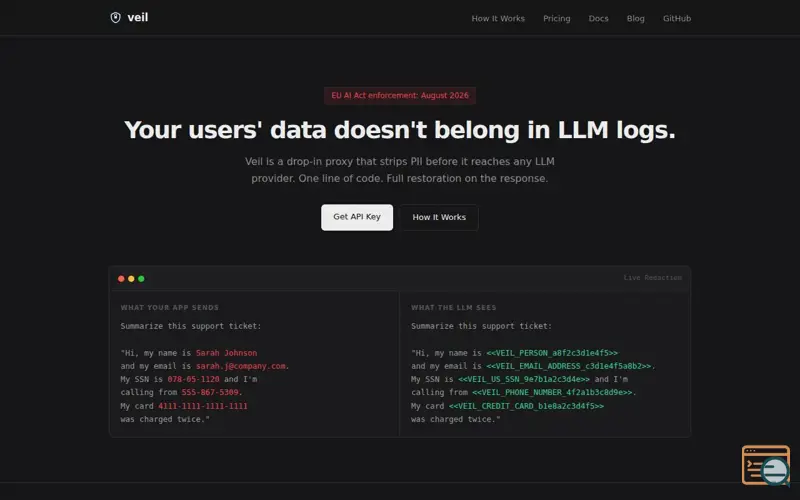 Screenshot of Veil a Drop-in PII redaction proxy for any LLM API
