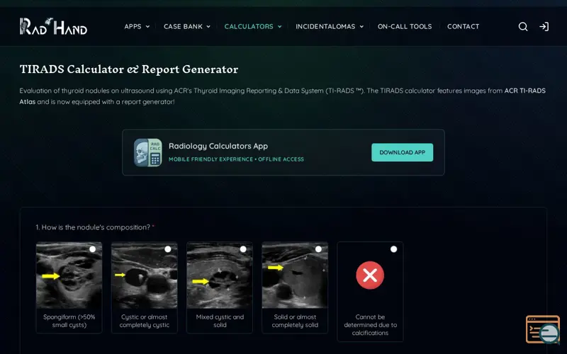 Screenshot of TIRADS Calculator & Report Generator