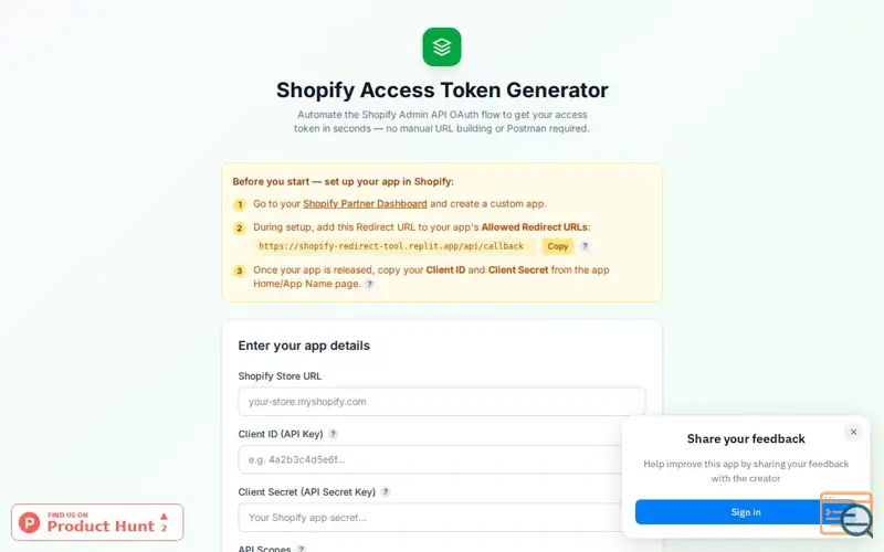 Screenshot of Get Shopify Token 