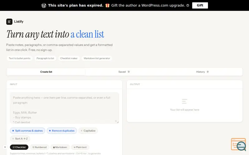 Screenshot of listifytext