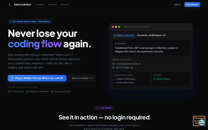 Screenshot of DevContext
