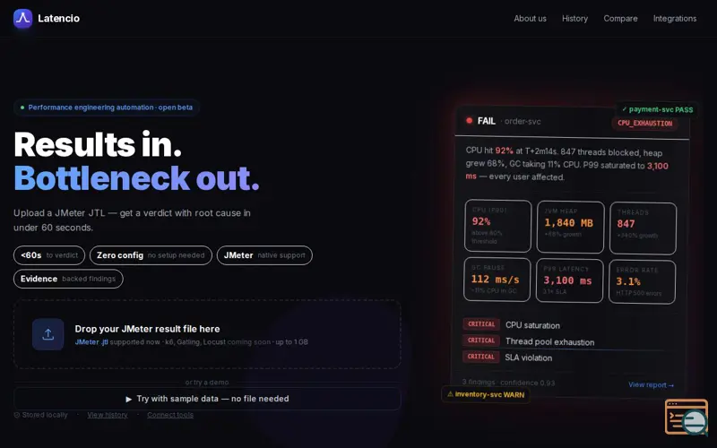 Screenshot of Latencio — Performance Test Analysis