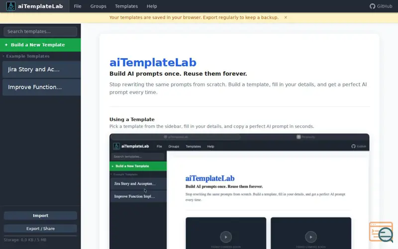 Screenshot of aiTemplateLab