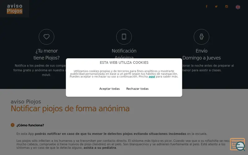 Screenshot of App aviso Piojos