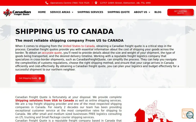 Screenshot of Efficient Shipping US to Canada Services