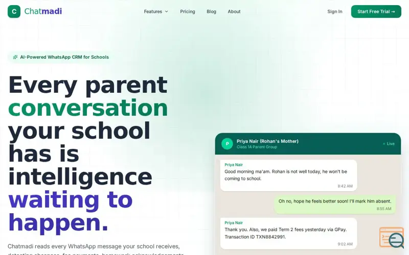 Screenshot of Chatmadi — WhatsApp CRM for Schools