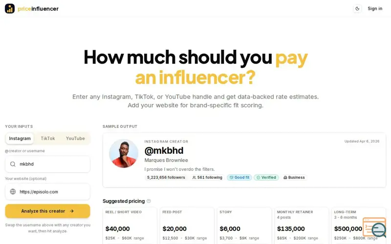 Screenshot of Enter an Instagram/TikTok handle, get a data-backed price for collab