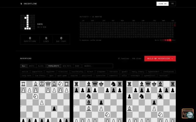 Screenshot of Knightline: Chess opening trainer with SM-2 spaced repetition